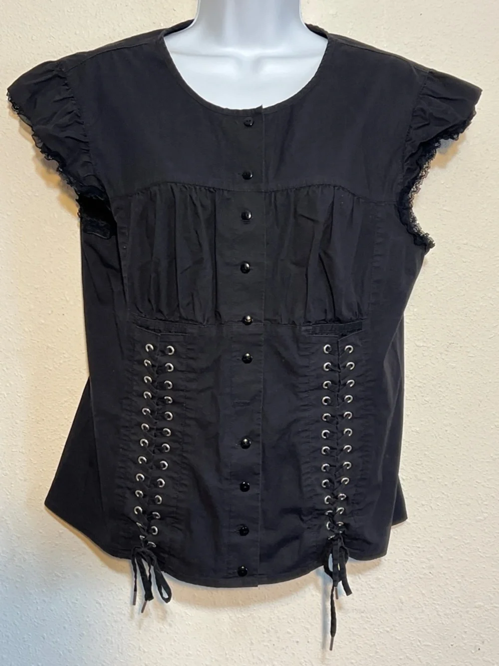 Moda International Black Lace-Trim Button Front Blouse with Corset Lacing Large - Picture 3 of 12